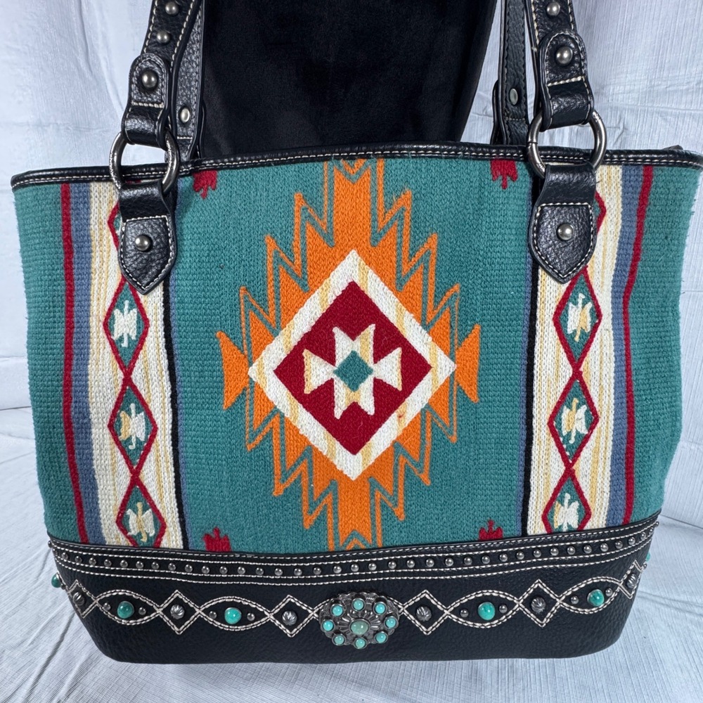 Montana West Southwestern Aztec Tote Bag Concealed Carry Black Teal - Picture 2 of 11